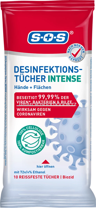 SOS Desinfektionstücher Intense Hand & Fläche Reisegröße, 10 St