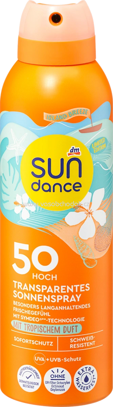 SUNDANCE Sonnenspray transparent Sport mit tropischem Duft, island breeze, LSF 50, 200 ml