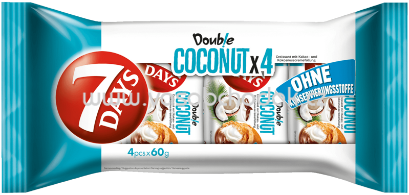 7 Days Double Croissant mit Kakao und Kokosnusscremefüllung, 4x60g, 240g 7 Days Double Croissant mit Kakao und Kokosnusscremefüllung, 4x60g, 240g