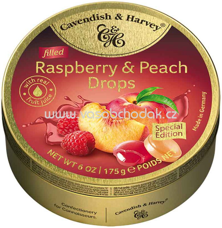 Cavendish & Harvey Filled Raspberry & Peach Drops, 175g Cavendish & Harvey Filled Raspberry & Peach Drops, 175g