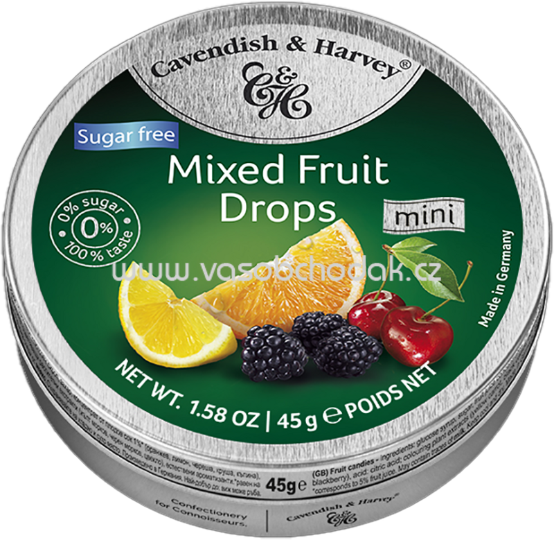 Cavendish & Harvey Mixed Fruit Drops sugarfree, mini, 45g Cavendish & Harvey Mixed Fruit Drops sugarfree, mini, 45g