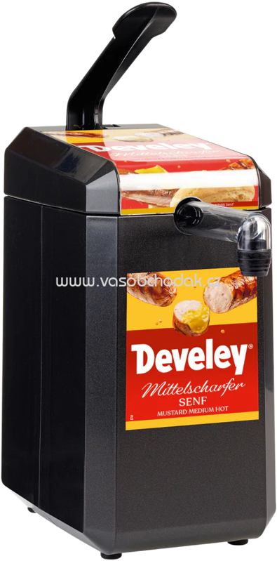 Develey Dispenser mit Etikett "Develey Mittelscharfer Senf" für 5 kg Dispenserbeutel, 1 St