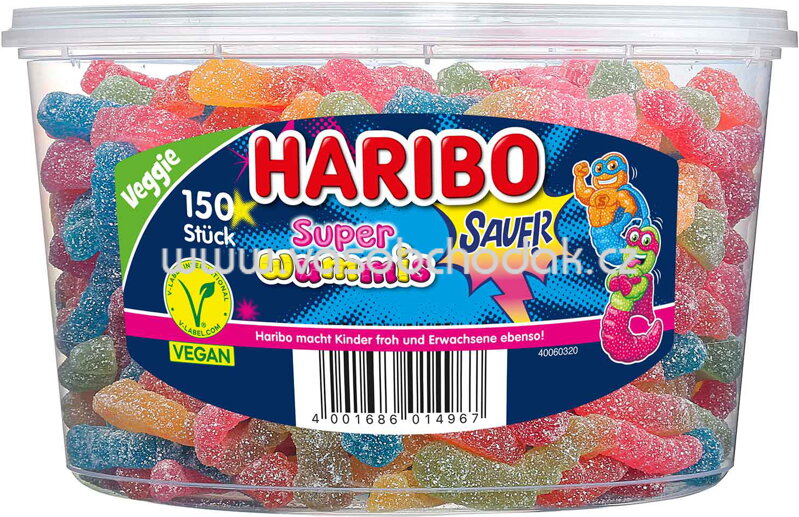 Haribo Super Wummis sauer vegan, 150 St, Dose, 1350g Haribo Super Wummis sauer vegan, 150 St, Dose, 1350g
