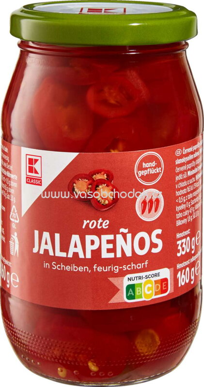 K-Classic rote Jalapeños in Scheiben, 330g K-Classic rote Jalapeños in Scheiben, 330g