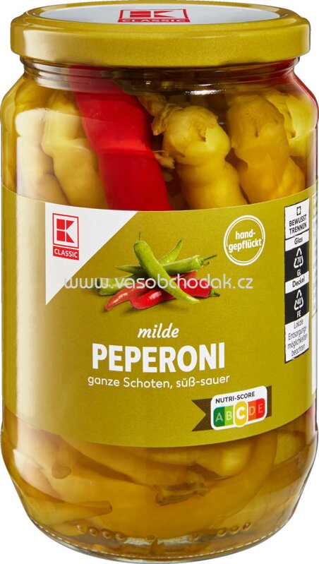 K-Classic milde Peperoni, ganze Schoten, süß-sauer, 600g K-Classic milde Peperoni, ganze Schoten, süß-sauer, 600g