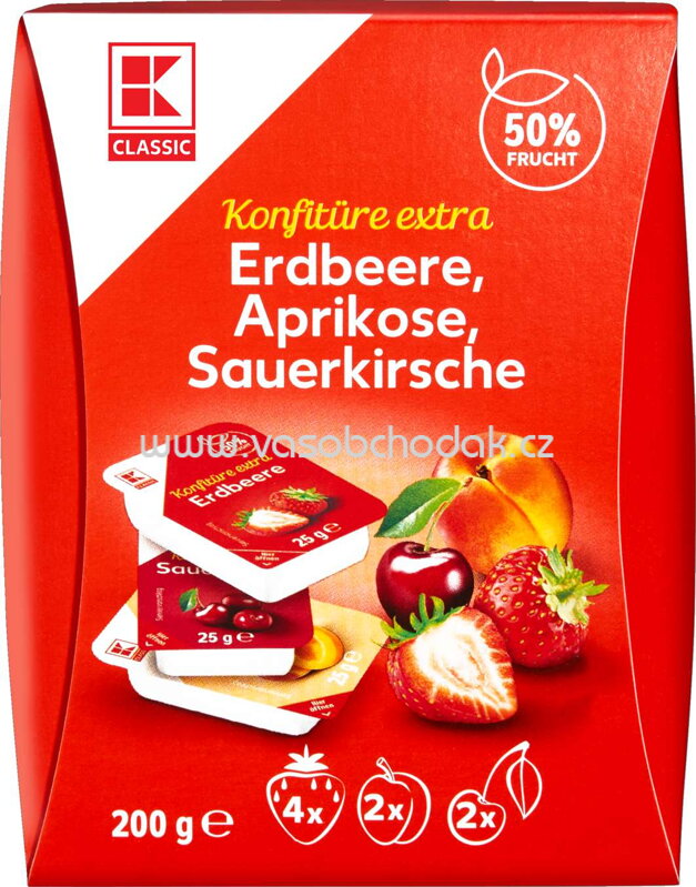 K-Classic Konfitüre Extra Erdbeere, Aprikose, Sauerkirsche, 8 St, 200g