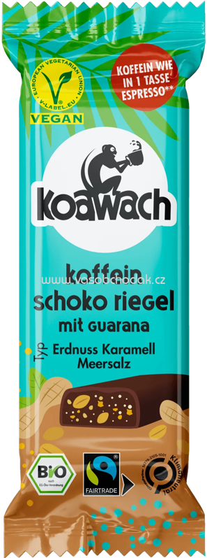 Koawach Koffein Schoko Riegel mit Guarana Erdnuss Karamell Meersalz, 35g Koawach Koffein Schoko Riegel mit Guarana Erdnuss Karamell Meersalz, 35g