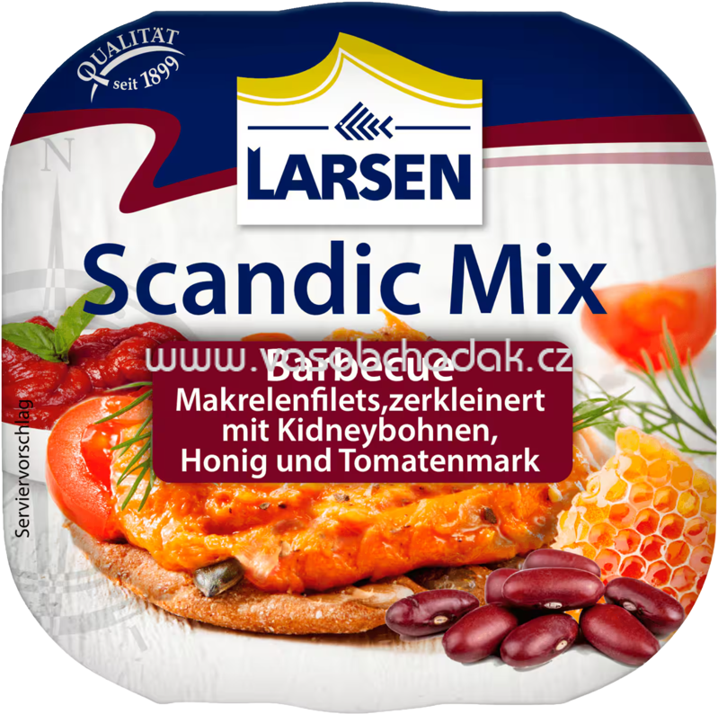 Larsen Scandic Mix Barbecue Makrelenfilets, zerkleinert mit Kidneybohnen, Honig und Tomatenmark, 125g