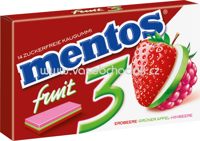 Mentos Erdbeere, Grüner Apfel, Himbeere Kaugummi zuckerfrei, 14 Stück, 33g Mentos Erdbeere, Grüner Apfel, Himbeere Kaugummi zuckerfrei, 14 Stück, 33g