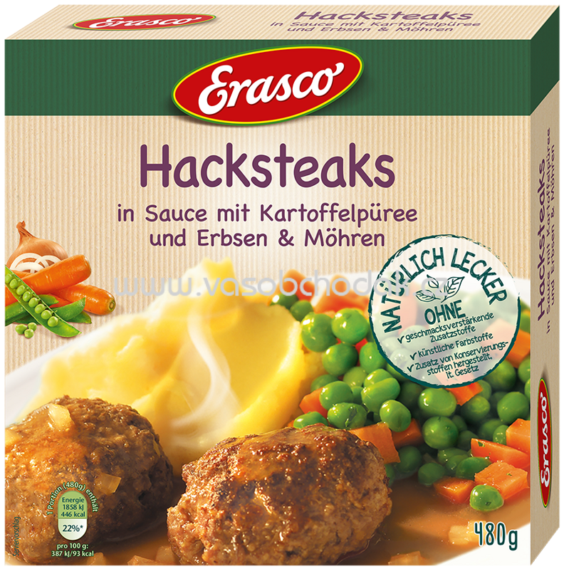 Erasco Hacksteaks mit Erbsen, Möhren und Kartoffelpüree, 480g Erasco Hacksteaks mit Erbsen, Möhren und Kartoffelpüree, 480g