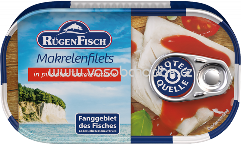 Rügen Fisch Makrelenfilets in pikanter Tomatensauce, 125g Rügen Fisch Makrelenfilets in pikanter Tomatensauce, 125g