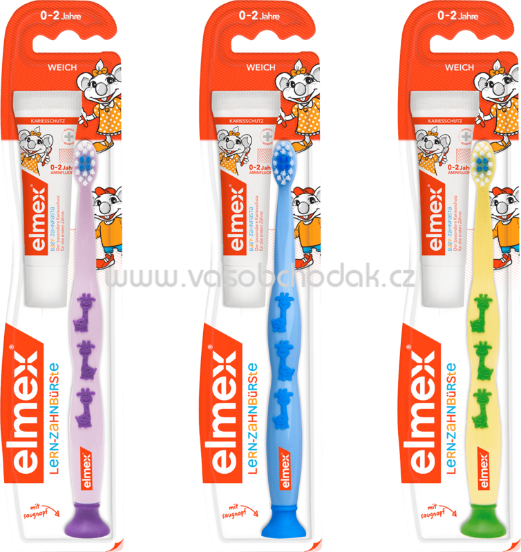 elmex Zahnbürste Kinder Lernzahnbürste + Zahnpasta, 12ml, weich, 0-2 Jahre, 1 St elmex Zahnbürste Kinder Lernzahnbürste + Zahnpasta, 12ml, weich, 0-2 Jahre, 1 St