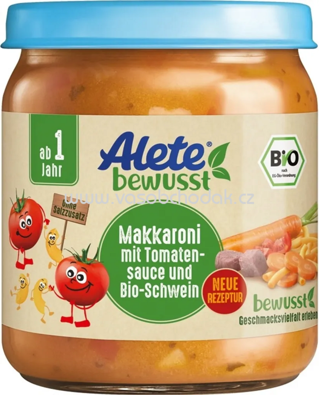 Alete Makkaroni mit Tomaten Sauce und Bio Schwein, ab 1 Jahr, 250g Alete Makkaroni mit Tomaten Sauce und Bio Schwein, ab 1 Jahr, 250g