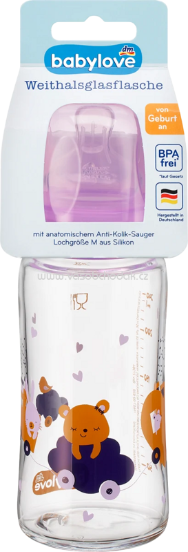 Babylove Babyflasche Weithals aus Glas, lila, von Geburt an, 240 ml, 1 St