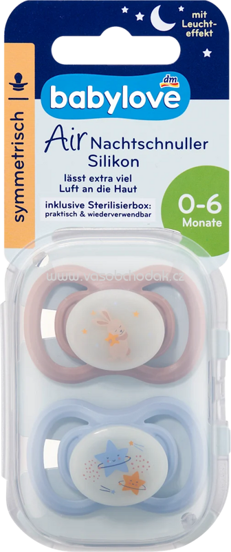 Babylove Schnuller Air Nacht Silikon symmetrisch, blau/rosa, 0-6 Monate, 2 St