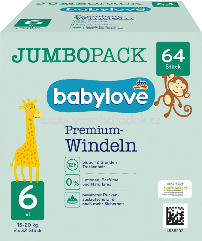 Babylove Windeln Premium Gr. 6 XXL, 15-20 kg, Jumbo Pack, 64 St