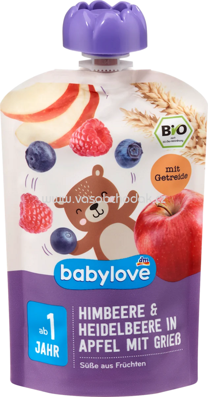 Babylove Quetschie Himbeere & Heidelbeere in Apfel mit Grieß, ab 1 Jahr, 100g