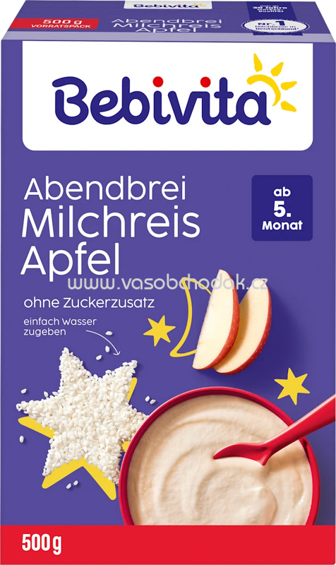Bebivita Milchbrei Abendbrei Milchreis mit Apfel, ab dem 5. Monat, 500g Bebivita Milchbrei Abendbrei Milchreis mit Apfel, ab dem 5. Monat, 500g
