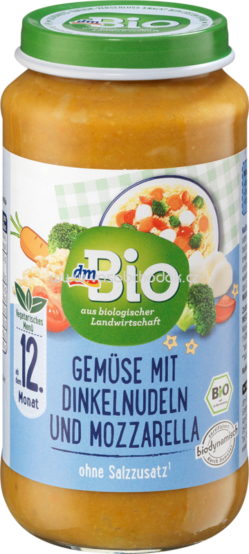 dmBio Gemüse mit Dinkelnudeln und Mozzarella, ab dem 12. Monat, 250g dmBio Gemüse mit Dinkelnudeln und Mozzarella, ab dem 12. Monat, 250g