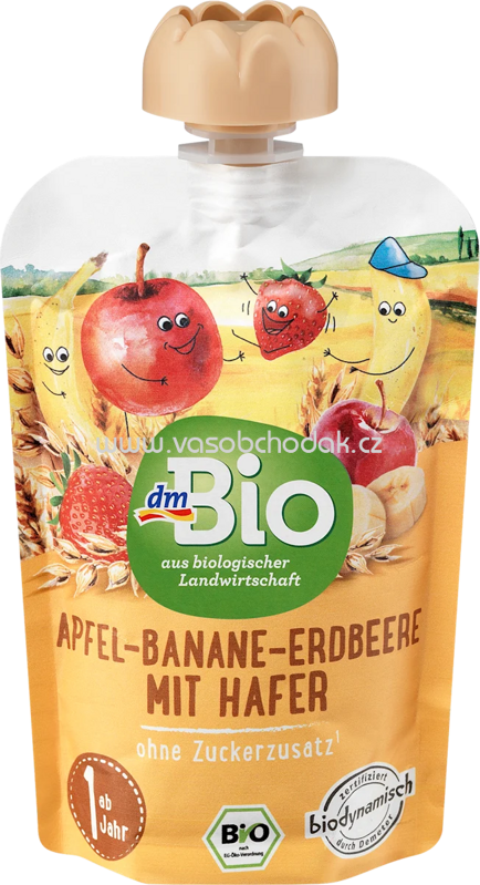 dmBio Quetschbeutel Apfel-Banane-Erdbeere mit Hafer, ab 1 Jahr, 100g
