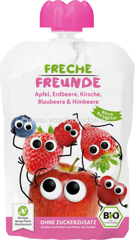 Freche Freunde Quetschbeutel Apfel, Erdbeere, Kirsche, Blaubeere & Himbeere, ab 6. Monat, 100g