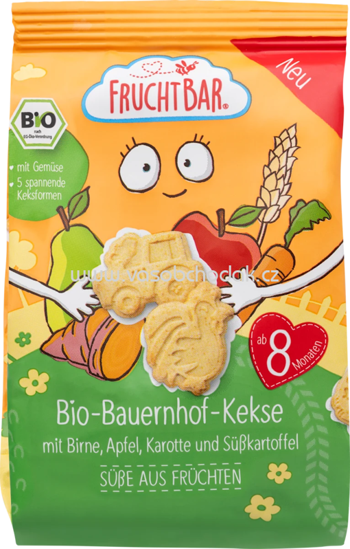 FruchtBar Bio Bauernhof Kekse mit Birne, Apfel, Karotte und Süßkartoffel, ab 8. Monaten, 100g FruchtBar Bio Bauernhof Kekse mit Birne, Apfel, Karotte und Süßkartoffel, ab 8. Monaten, 100g