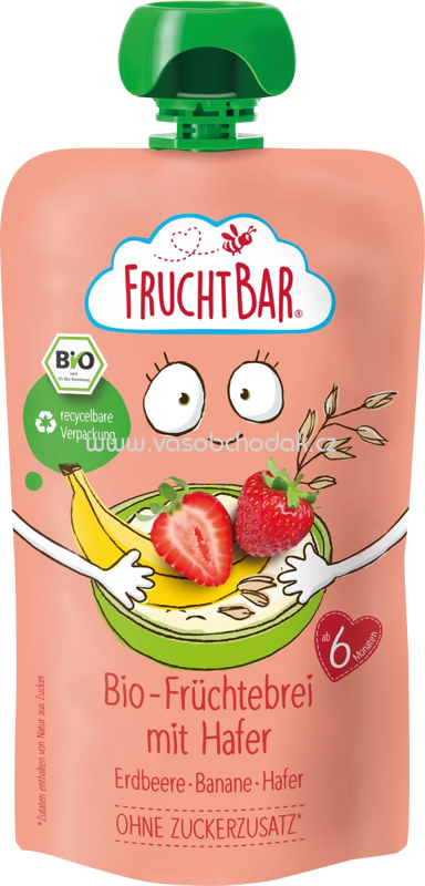 FruchtBar Quetschbeutel Bio Früchtebrei Erdbeere, Banane, Hafer, ab 6. Monat, 120g FruchtBar Quetschbeutel Bio Früchtebrei Erdbeere, Banane, Hafer, ab 6. Monat, 120g