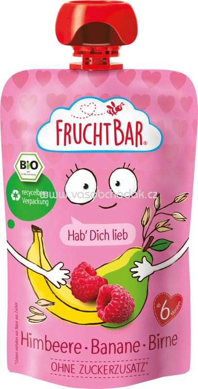 FruchtBar Quetschbeutel Hab Dich Lieb Himbeere, Banane, Birne, ab 6. Monat, 100g FruchtBar Quetschbeutel Hab Dich Lieb Himbeere, Banane, Birne, ab 6. Monat, 100g