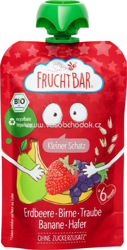 FruchtBar Quetschbeutel Erdbeere, Birne, Traube, Banane, Hafer, ab 6. Monat, 100g FruchtBar Quetschbeutel Erdbeere, Birne, Traube, Banane, Hafer, ab 6. Monat, 100g