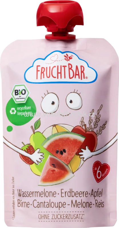 FruchtBar Quetschbeutel Wassermelone, Erdbeere, Apfel, Birne, Cantaloupe-Melone, Reis, ab 6. Monat, 100g FruchtBar Quetschbeutel Wassermelone, Erdbeere, Apfel, Birne, Cantaloupe-Melone, Reis, ab 6. Monat, 100g