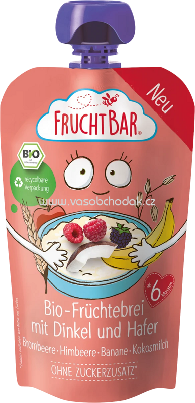 FruchtBar Quetschbeutel Bio Früchtebrei mit Dinkel & Hafer, Brombeere-Himbeere-Banane-Kokosmilch, ab 6. Monat, 120g