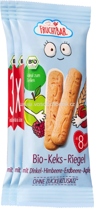 FruchtBar Bio Keks Riegel mit Dinkel, Himbeere, Erdbeere, Apfel, ab 8. Monaten, 3x30g, 90g FruchtBar Bio Keks Riegel mit Dinkel, Himbeere, Erdbeere, Apfel, ab 8. Monaten, 3x30g, 90g