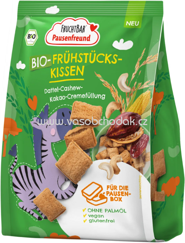 FruchtBar Bio Frühstücks Kissen Dattel-Cashew-Kakao-Cremefüllung, ab 36. Monaten, 180g FruchtBar Bio Frühstücks Kissen Dattel-Cashew-Kakao-Cremefüllung, ab 36. Monaten, 180g
