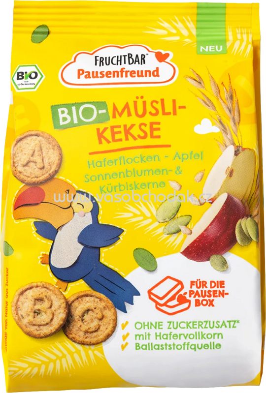 FruchtBar Bio Müsli Kekse Haferflocken, Apfel, Sonnenblumen und Kürbiskerne, ab 3 Jahren, 100g FruchtBar Bio Müsli Kekse Haferflocken, Apfel, Sonnenblumen und Kürbiskerne, ab 3 Jahren, 100g