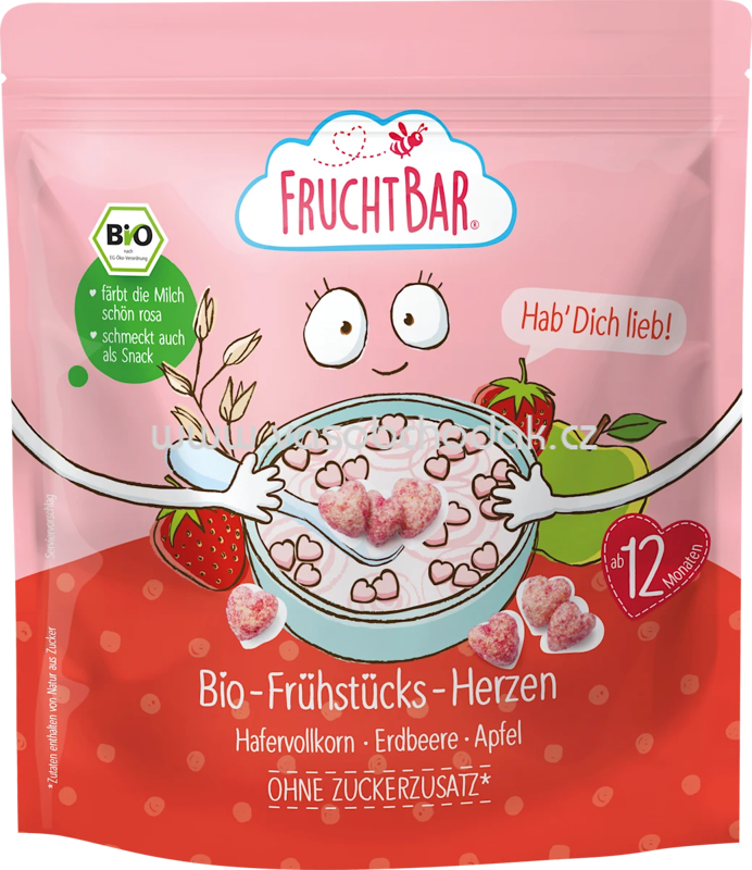FruchtBar Bio Frühstücks Herzen, Hafervollkorn, Erdbeere, Traube, Apfel, ab 12. Monat, 125g FruchtBar Bio Frühstücks Herzen, Hafervollkorn, Erdbeere, Traube, Apfel, ab 12. Monat, 125g