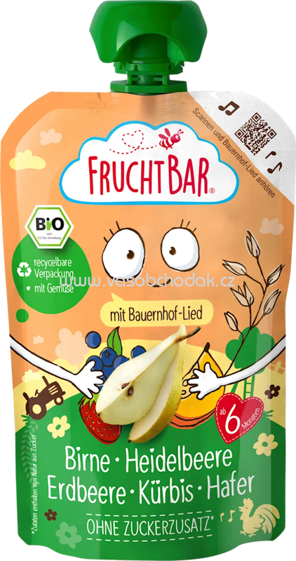 FruchtBar Quetschie Birne, Heidelbeere, Erdbeere, Kürbis & Hafer, ab dem 6. Monat, 100g FruchtBar Quetschie Birne, Heidelbeere, Erdbeere, Kürbis & Hafer, ab dem 6. Monat, 100g