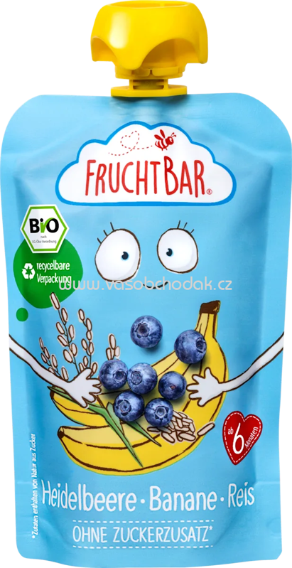 FruchtBar Quetschie Heidelbeere, Banane, Reis, ab 6. Monat, 100g FruchtBar Quetschie Heidelbeere, Banane, Reis, ab 6. Monat, 100g