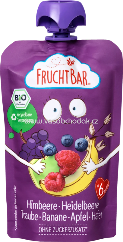 FruchtBar Quetschie Himbeere, Heidelbeere, Traube, Banane, Apfel, Hafer, ab 6. Monat, 100g FruchtBar Quetschie Himbeere, Heidelbeere, Traube, Banane, Apfel, Hafer, ab 6. Monat, 100g