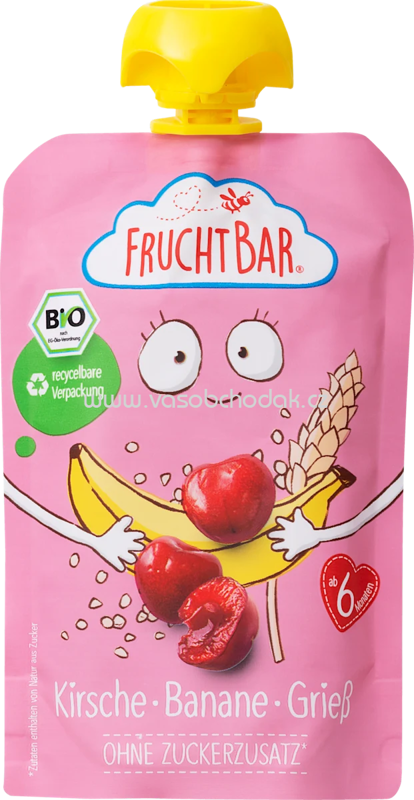 FruchtBar Quetschie Kirsche, Banane, Grieß, ab 6. Monat, 100g FruchtBar Quetschie Kirsche, Banane, Grieß, ab 6. Monat, 100g