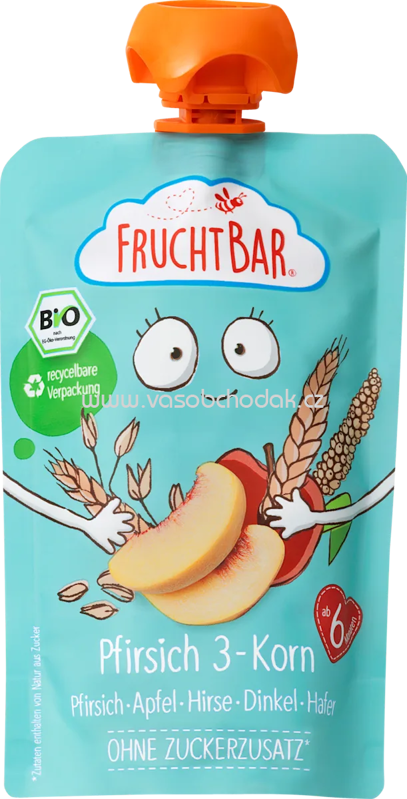 FruchtBar Quetschie Pfirsich 3-Korn - Pfirsich, Apfel, Hirse, Dinkel, Hafer, ab 6. Monat, 100g FruchtBar Quetschie Pfirsich 3-Korn - Pfirsich, Apfel, Hirse, Dinkel, Hafer, ab 6. Monat, 100g