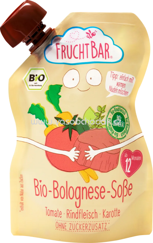 FruchtBar Bio Bolognesesoße, Tomate, Rindfleisch, Karotte, ab 12. Monat, 190g FruchtBar Bio Bolognesesoße, Tomate, Rindfleisch, Karotte, ab 12. Monat, 190g