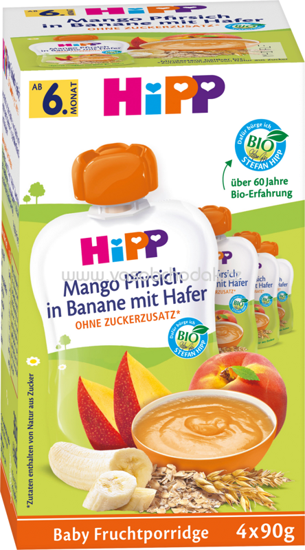 Hipp Quetschbeutel Frucht-Porridge Mango-Pfirsich in Banane mit Hafer ab 6. Monat, 4x90g, 360g