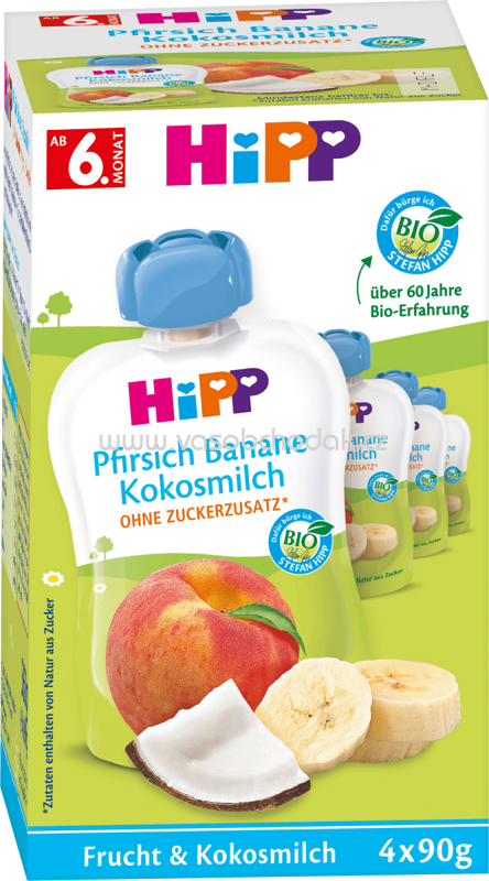 Hipp Quetschie Pfirsich-Banane mit Kokosmilch, ab 6 Monaten, 4x90g, 360g