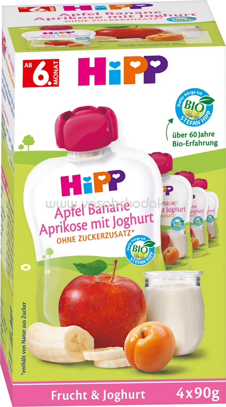 Hipp Hippis Apfel Banane Aprikose mit Joghurt, ab 6. Monat, 4x90g, 360g Hipp Hippis Apfel Banane Aprikose mit Joghurt, ab 6. Monat, 4x90g, 360g