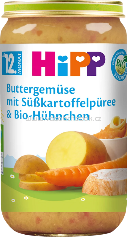 Hipp Buttergemüse mit Süßkartoffelpüree & Bio-Hühnchen, ab 12. Monat, 250g Hipp Buttergemüse mit Süßkartoffelpüree & Bio-Hühnchen, ab 12. Monat, 250g