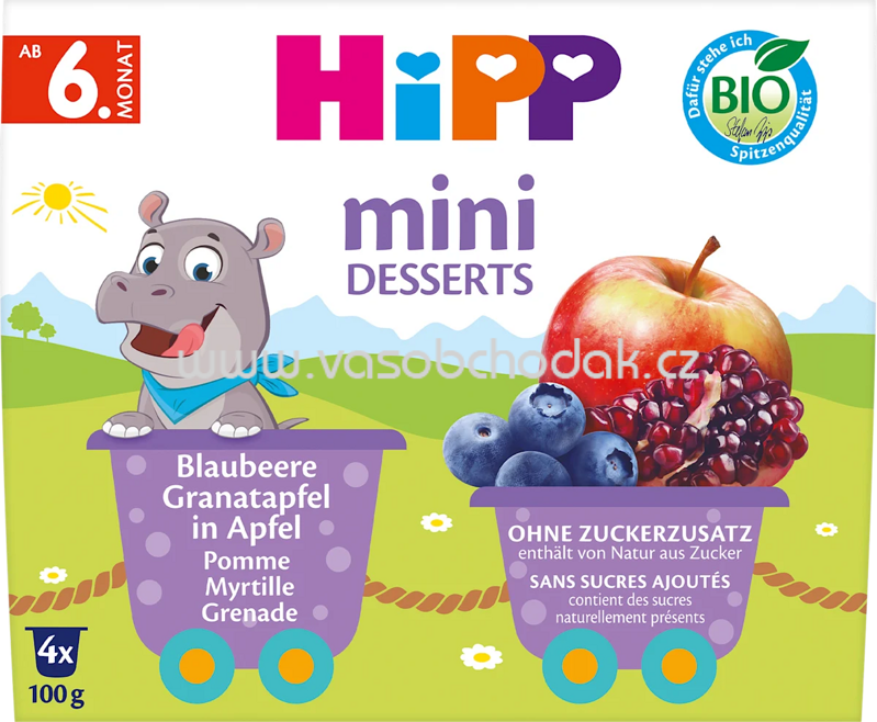 Hipp Mini Desserts im Becher Blaubeere Granatapfel in Apfel, ab 6. Monat, 4x100g, 400g Hipp Mini Desserts im Becher Blaubeere Granatapfel in Apfel, ab 6. Monat, 4x100g, 400g