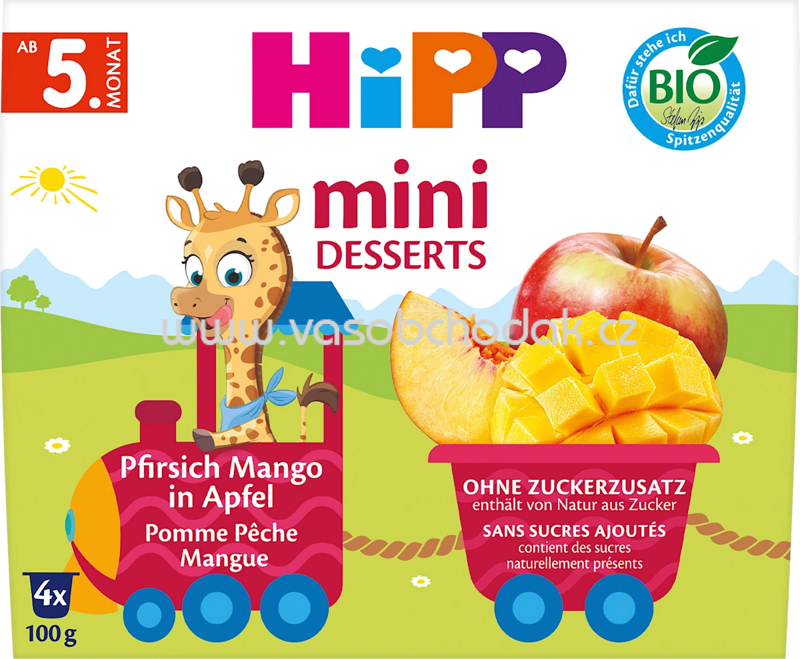 Hipp Mini Desserts im Becher Pfirsich Mango in Apfel, ab 5. Monat, 4x100g, 400g Hipp Mini Desserts im Becher Pfirsich Mango in Apfel, ab 5. Monat, 4x100g, 400g