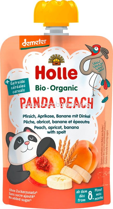 Holle baby food Quetschbeutel Panda Peach, Pfirsich, Aprikose, Banane mit Dinkel, ab 8 Monaten, 100g
