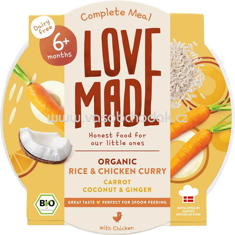 LoveMade Organics Menü Curry Reisgericht Karotte, Hähnchen, Kokos, Ingwer, ab 6 Monaten, 185 g LoveMade Organics Menü Curry Reisgericht Karotte, Hähnchen, Kokos, Ingwer, ab 6 Monaten, 185 g