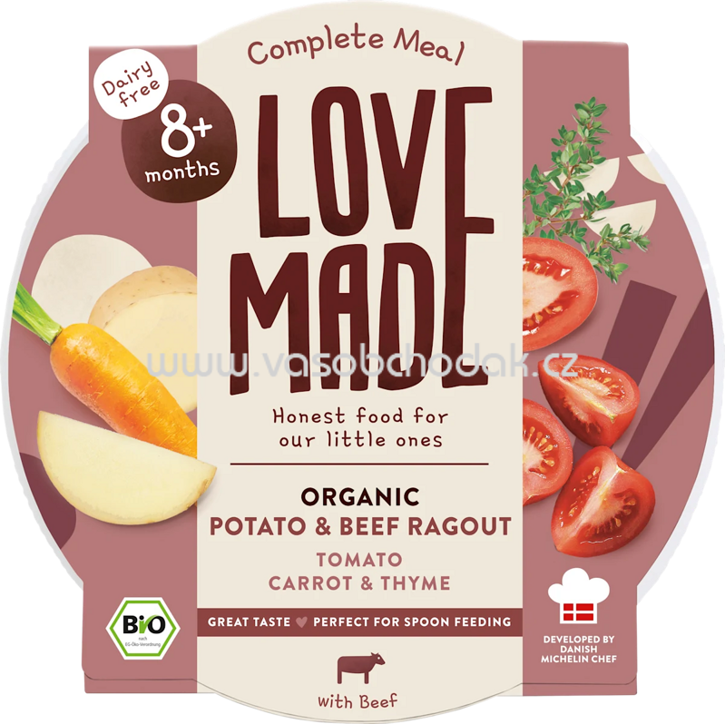 LoveMade Organics Menü mit Kartoffeln, Karotten, Rindfleisch, Thymian, ab 8 Monaten, 185 g